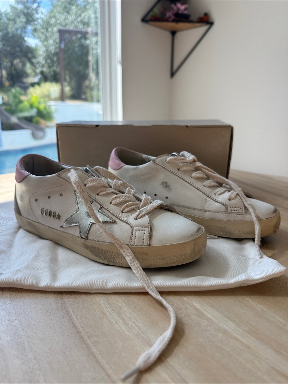 Golden Goose White Leather Sneakers with Silver Star and Pink Heel